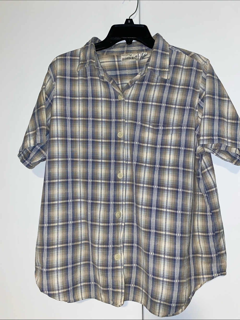 Vintage Fashion Bug Blue & Cream Plaid Button-Up Shirt